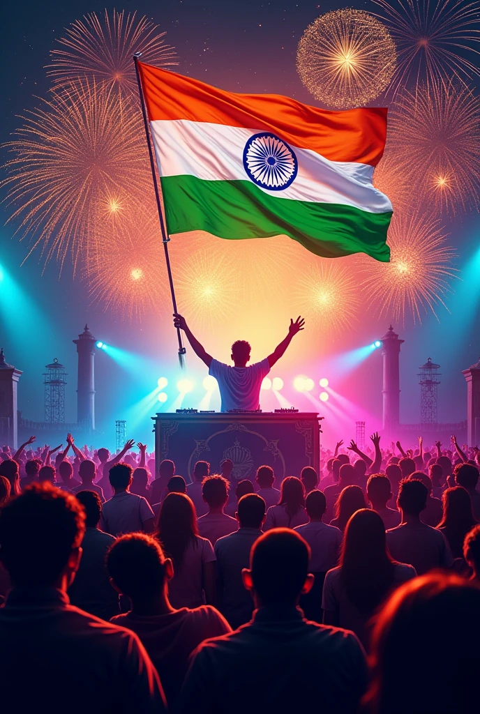 "Design a vibrant landscape poster for a 15 August Independence Day celebration, spotlighting 'Kattar Hindu DJ Night.' The poster should feature a dynamic DJ setup with colorful lights and an energetic crowd in the foreground. Incorporate elements of Indian patriotism, such as the Indian tricolor flag prominently displayed, fireworks illuminating the sky, and traditional Indian motifs subtly integrated into the background. Use bold and festive typography to highlight key event details like the date, venue, and time. The overall design should evoke a sense of excitement, national pride, and celebration."