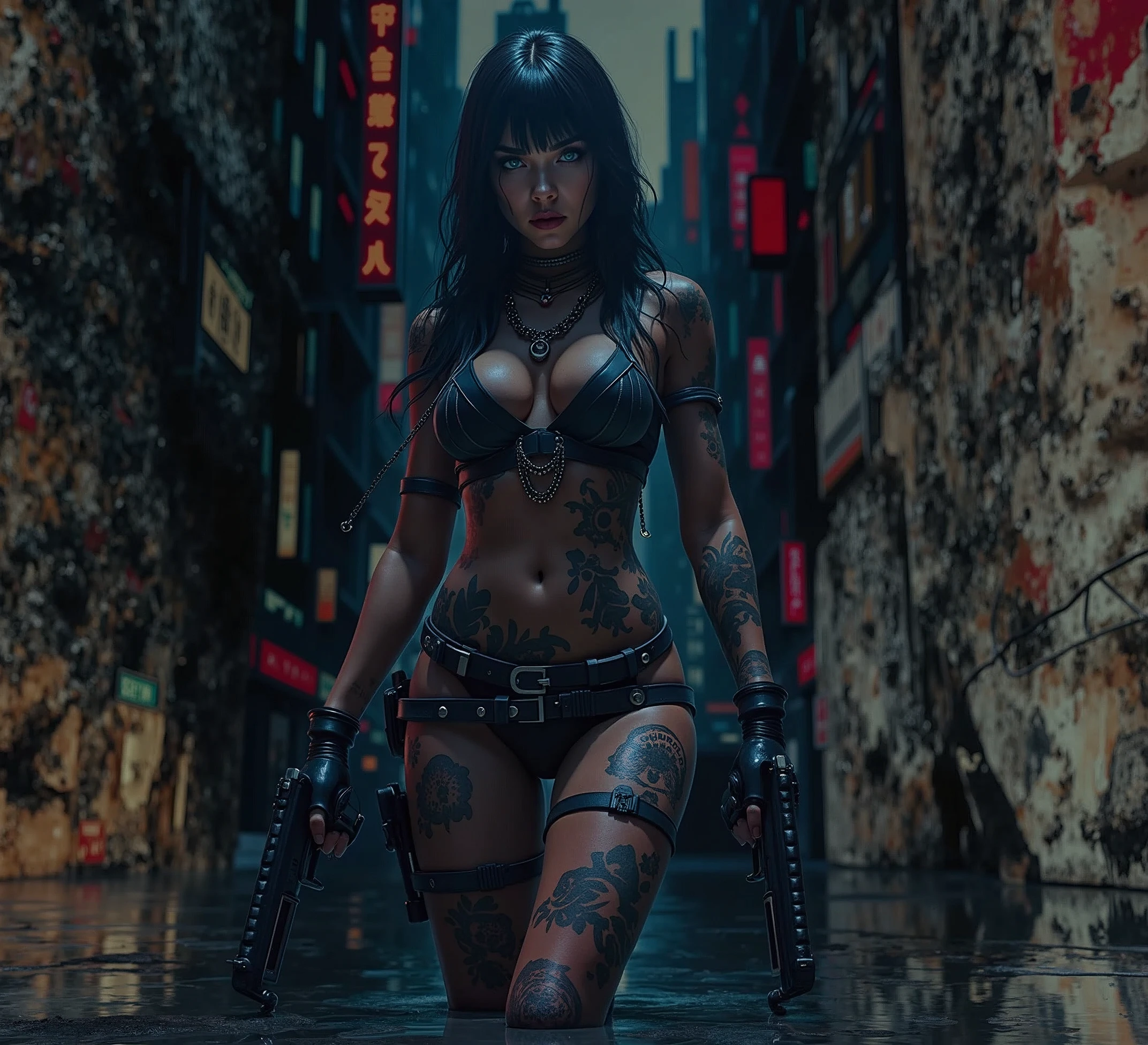a woman holding a gun in each hand, beautiful detailed eyes, beautiful detailed lips, extremely detailed eyes and face, long eyelashes, intense expression, dynamic pose, military outfit, post-apocalyptic environment, abandoned city, dramatic lighting, cinematic composition, highly detailed, photorealistic, 8k, best quality, masterpiece