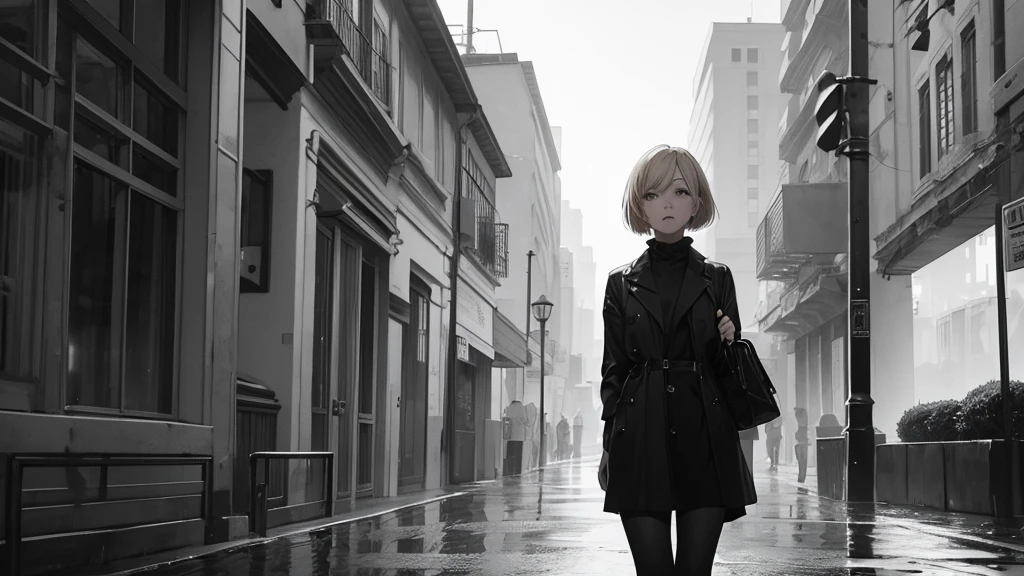 ((20-year-old woman,Short blonde bob hair,She is walking through an huge park in the Uneasy atmosphere world)),There is no one in the park,((Sky in the clouds,In a monochrome world,Atmosphere in the rain)),There's a faceless monster in the park,Uneasy atmosphere.