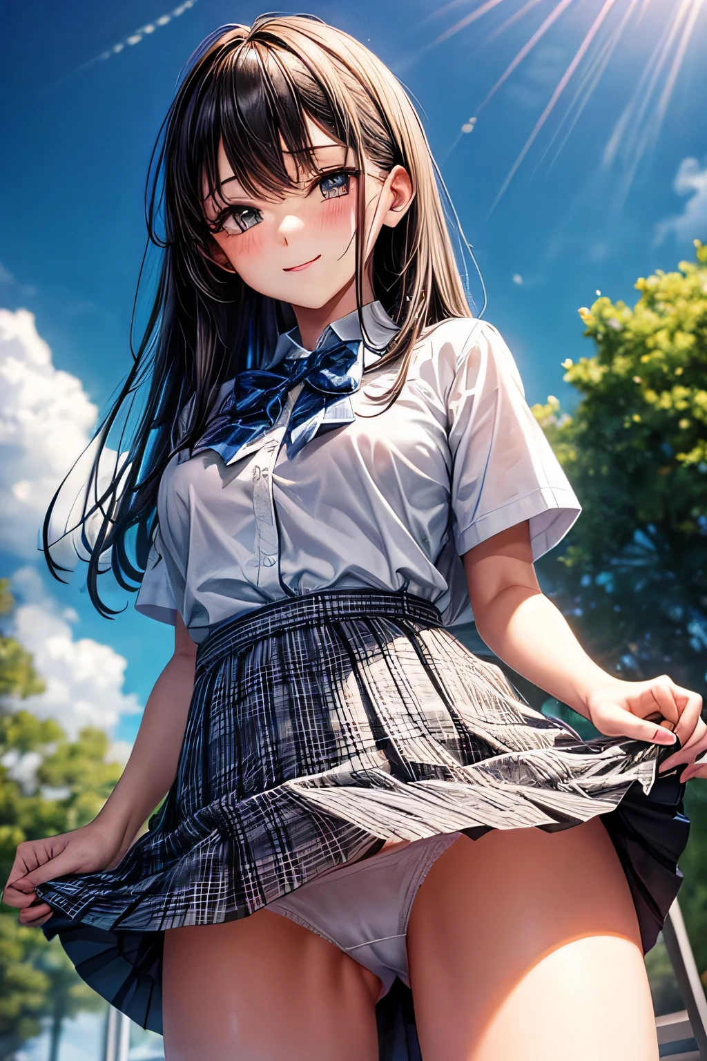 (masterpiece, best quality,ultra-detailed),nsfw,(cute and beautiful girl),collared short sleeve shirt, white shirt, school uniform, grey plaid pleated skirt, blue plaid bow tie,(skirt lift:1.4),BREAK,(white panties),(panty shot),BREAK,black hair,stand,cowboy shot,from below,shy smile