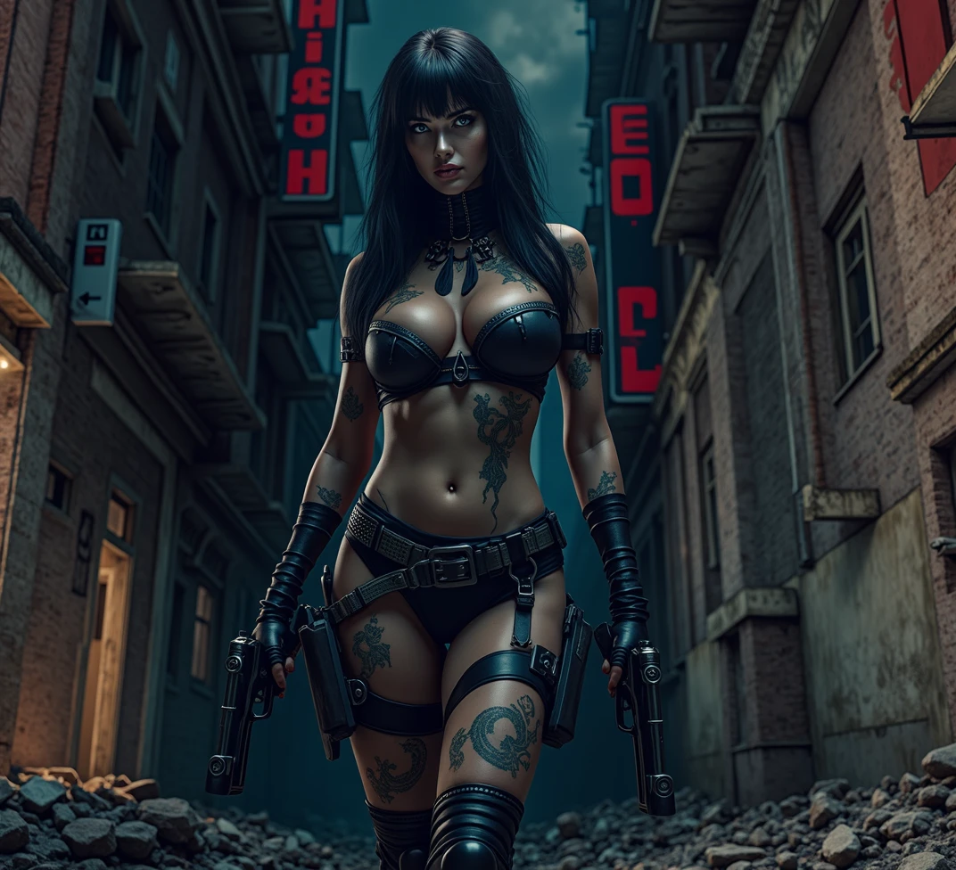 incredibly sexy leather clad punk rock revenge chick holding a pistol standing in a derelict alleyway in the rain at night,long legs,cleavage