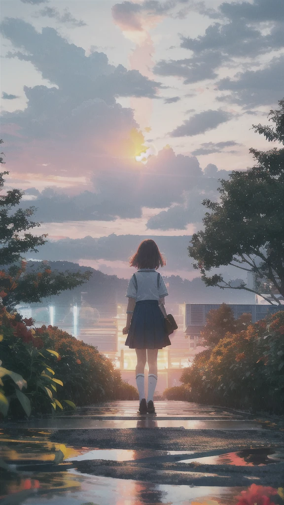 Fiery sunset sky,Octane, star (null), scenery, White flower,school uniform.,star, girl, Outdoor,river,garden, cloud, 天のriver,silhouette,White flowerのgarden,Flower storm,Under the silver osmanthus tree,Rear View