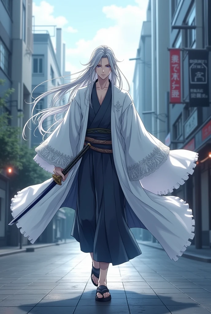 tall and slender, with long silver hair and intense violet eyes. His skin is pale and marked by old scars., that tell stories of past battles. Wears a white haori with silver details, that resembles a dense fog when it moves.
Personalidade: Introspective and calm, Kazuki prefers solitude and meditation. Has a strong sense of justice and honor, but his solitary nature makes him distant and difficult to approach. Despite his serene appearance, hides a deep sadness and a past marked by losses. Anime style With sword walking on the street 