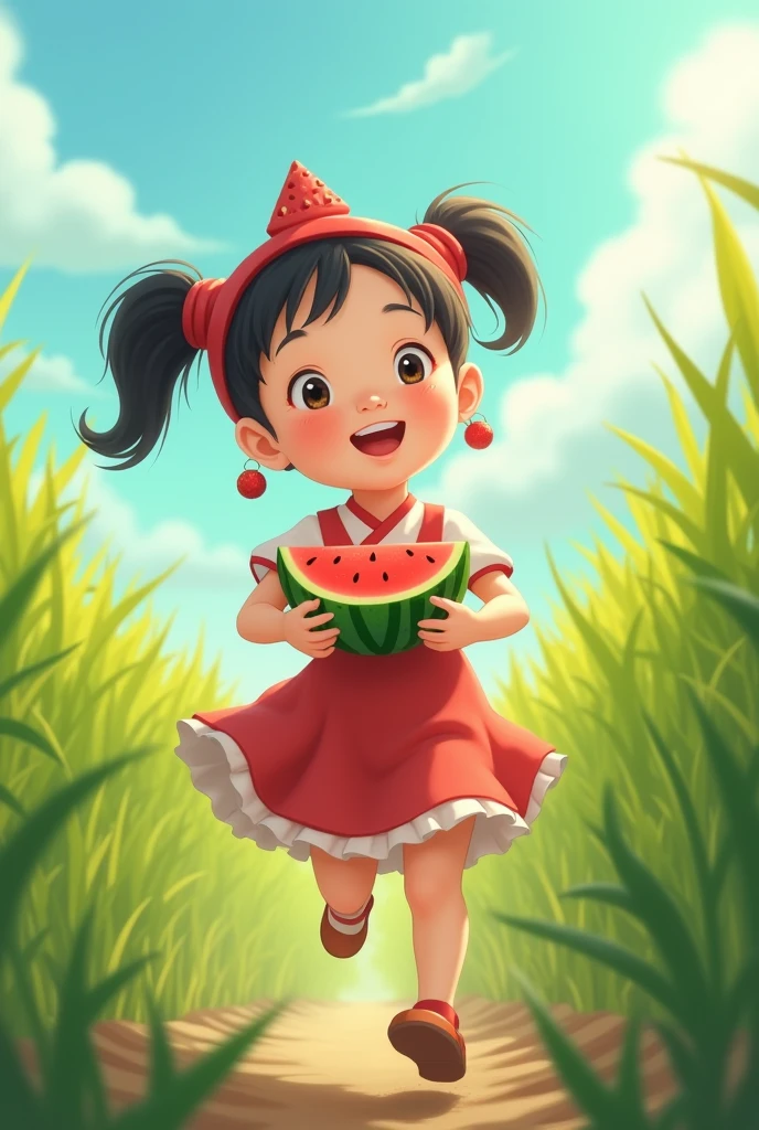 Chinese Girl，A young girl with pigtails，Headdress with a triangular headscarf，Wearing a sweet dress，Green rice，She ran with a watermelon in the countryside fields，grinning，Fujifilm Fujidim，Sunlight，Country style Country style Clear tones，best quality，Character running in the distance，Hayao Miyazaki style studio Ghibli，Oil painting style，Ultra-detailed 4k8K quality webp size 1242x2688 pixels