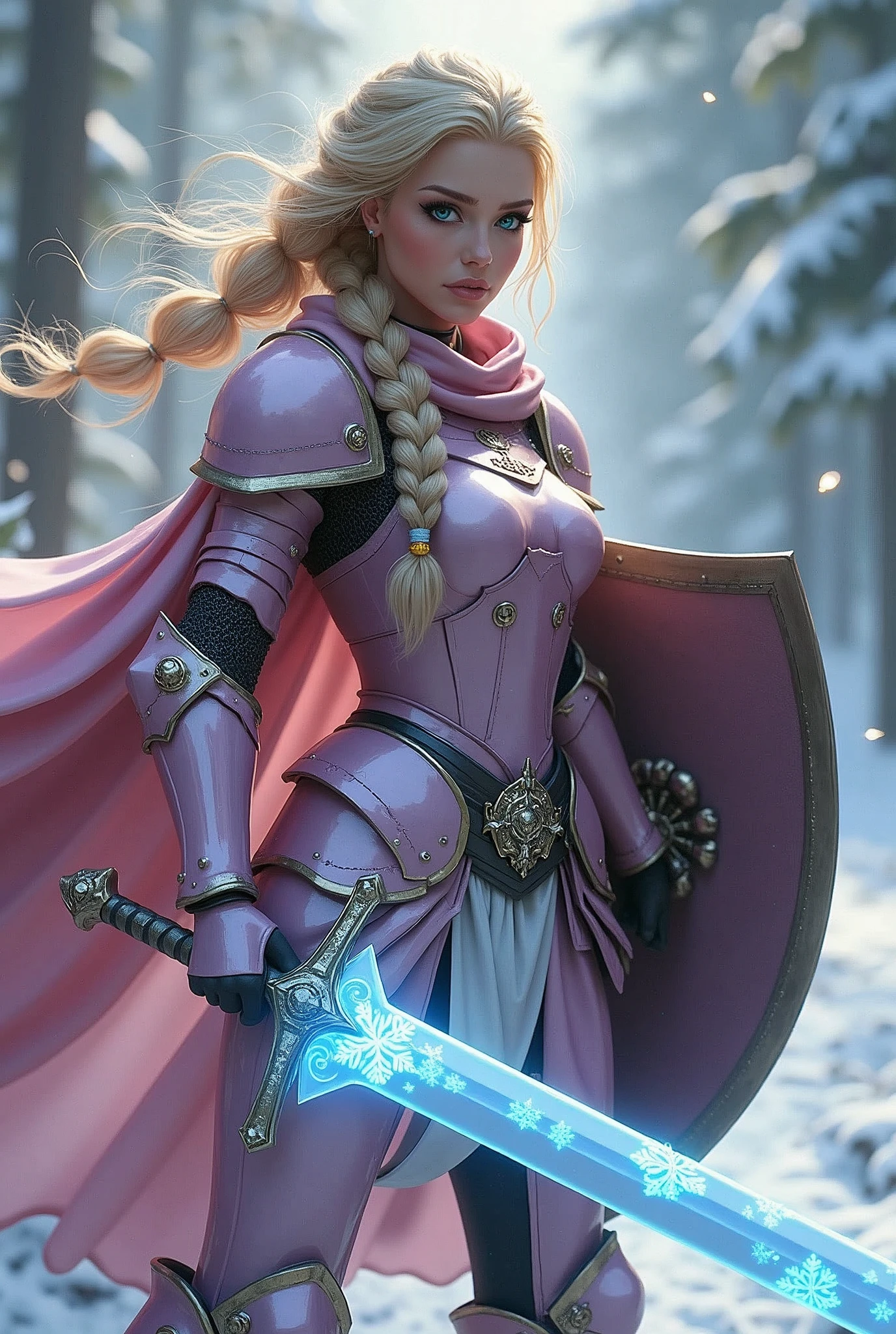 ((portrait, upper torso, armored female paladin, battle worn gloss pink lacquered perfectchainmail armor:0.4, alabaster cloak, (((((top heavy, Barbie))), [bright blonde hair:dark hair:0.8]))), iceblue eyes, blackout eyeshadow, iron circlet), braids, glowing radiant blue snowflake engraved sword, shield, sparks, windy, outdoor frozen snow snowy forest, dynamic battle pose
