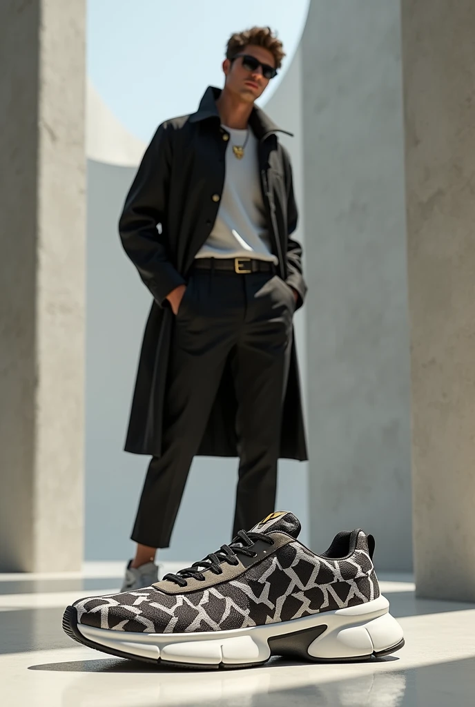 A men wearing a luxury sneaker and on the sneaker it's written v logo all over and the man showcasing the v logo