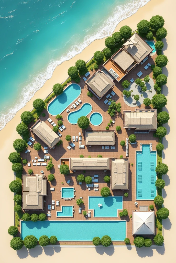 2D hotel floor plan on the beach which first shows the reception space The restaurant space The recreation space , the rooms, A SPA room, An area for people with disabilities, 3 swimming pools, Connection with green areas, This could be something like an open space and a sewage tank outside the hotel., The L-shaped parking lot One part in front and the rest alongside