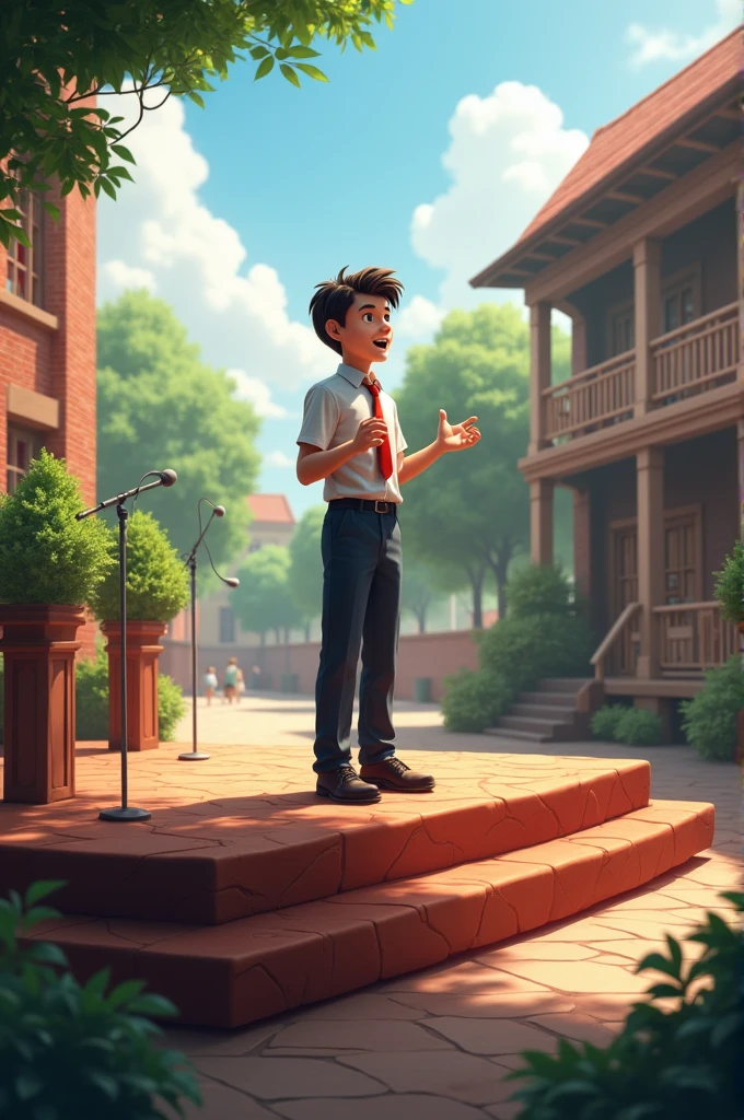 Giving speech school boy in stage ground
