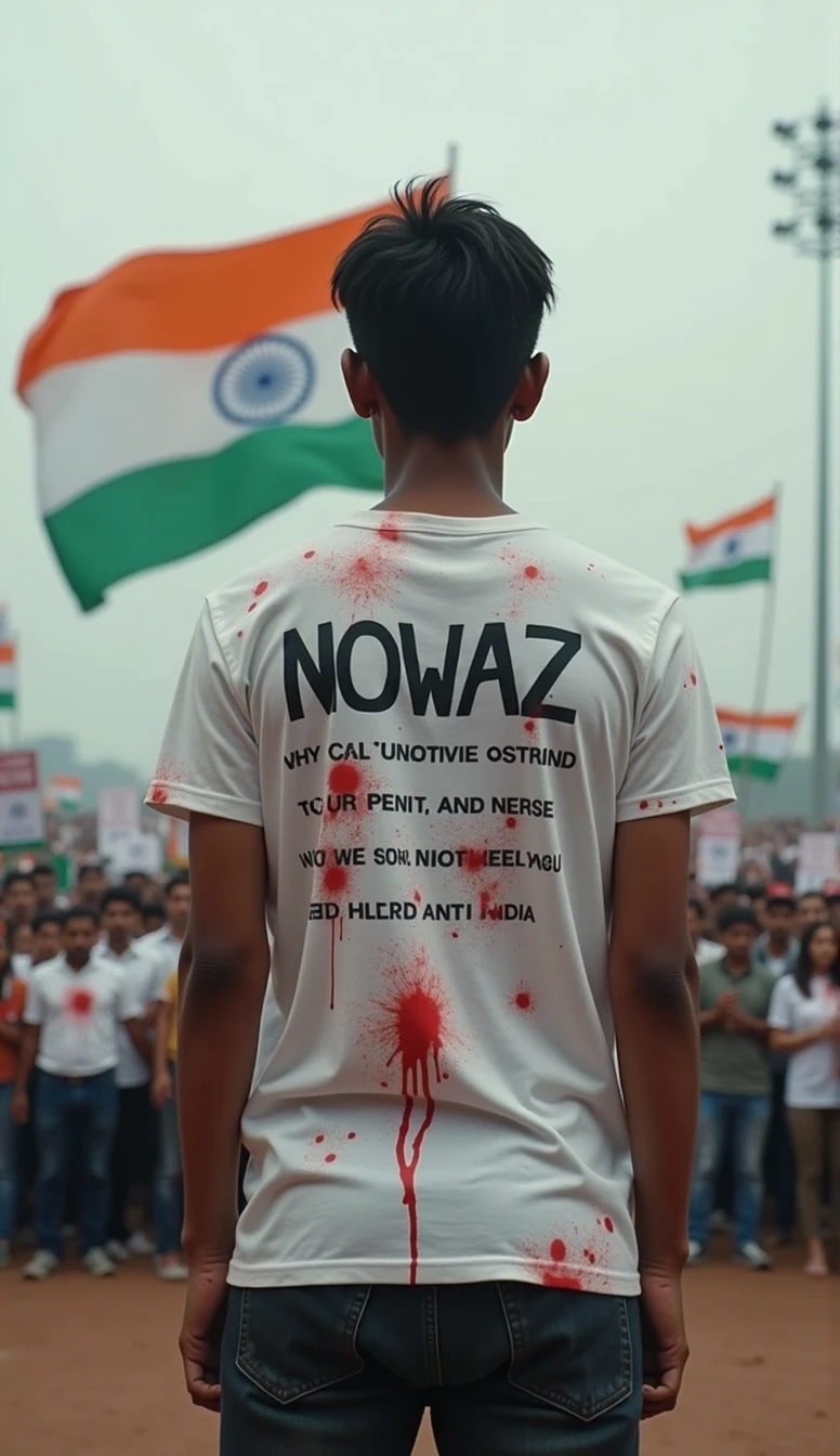 A young thin man in his early 20s, wearing a white T-shirt with the name ‘NOWAZ’ written on the back, is standing solemnly in front of the Indian national flag. Facing towards the flag as we can see his back side. The T-shirt is stained with red blotches resembling blood, symbolizing his protest against the ongoing violence and rapes of women in the country. He stands with a determined posture, holding a sign that asks, ‘Why are our mothers and sisters not safe in India?’ Also Written on his back of his Tshirt with blood “Why our mother and sisters are not safe”. The scene is set in a large public space, possibly a square or stadium, with the Indian flag prominently displayed, fluttering in the breeze. The background shows a crowd of people, some holding banners and placards, all with somber expressions, reflecting the seriousness of the issue. The sky is overcast, adding to the gravity of the scene, as the atmosphere is heavy with the message of protest and the demand for safety and justice for women in India.