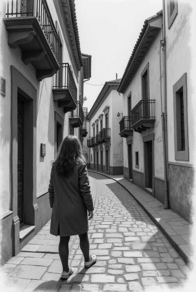 A young woman watches a murder in terror, set in ancient Ayacucho drawn in pencil