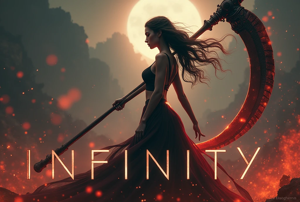 The words "INFINITY" written in large letters at the bottom of the screen, ((masterpiece, highest quality, Highest image quality, High resolution, photorealistic, Raw photo, 8K)), ((Extremely detailed CG unified 8k wallpaper)), (huge stunning goddess shot, very hot and sexy, jaw-dropping beauty, perfect proportions, beautiful body, slim body beauty:1.4), A girl wielding a huge scythe, movie poster, (a huge scythe:1.5),