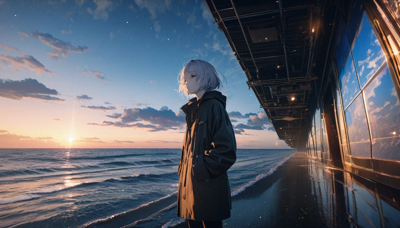 Starry Sky, After the Rain, horizon , In the sky,Lens flare, colorful,coat,Put your hands in your pockets,(student, 18-year-old, ＪＫ, Her short silver hair sways, Pale skin, Lack of eye sparkle) Look up at the sky, Beautiful sky, There is an ocean,White Street,The scenery is beautiful, 広いLook up at the sky, I see the wind blowing and shining, In the skyは正午の月と正午の星がある,From below, break ,quality(8k,非常に精細なCGユニットのwallpaper, masterpiece,High resolution,top-quality,top-quality real texture skin,Surreal,Increase the resolution,RAW Photos,最高quality,Very detailed,wallpaper,Cinema Lighting,Ray Tracing,Golden Ratio),Have a long-term perspective