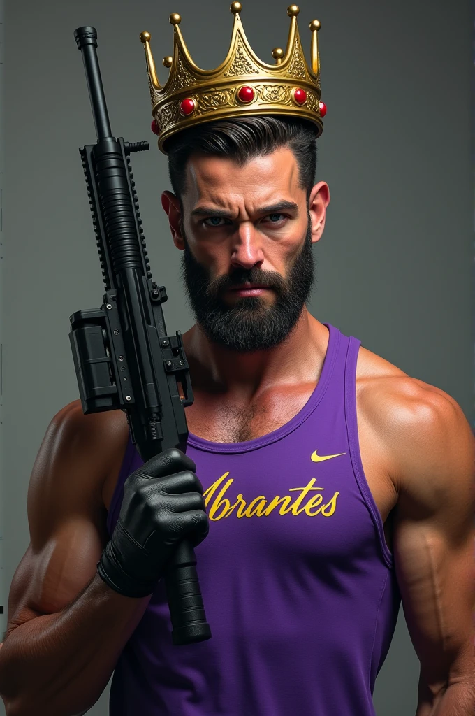 Profile photo of a male character holding a gun with a crown on his head wearing a purple tank top with the name Abrantes written on it