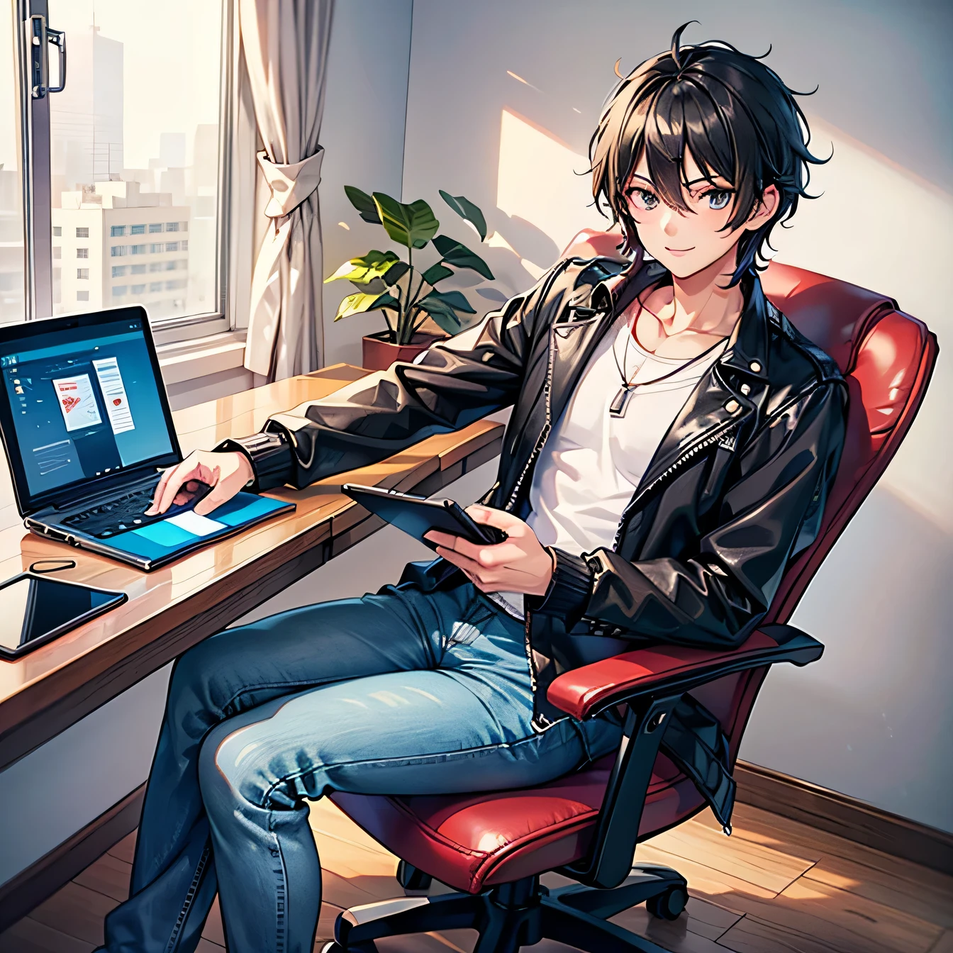 Anime art style,Highest quality,High resolution,Anatomically correct,One Man,Twenty generations,good looking,Spiky hair,Black Hair,A kind smile,A rich expression,Black jacket,Casual innerwear,Office,Sitting in a chair,You are operating a tablet device,Eyes drawn in detail,8k