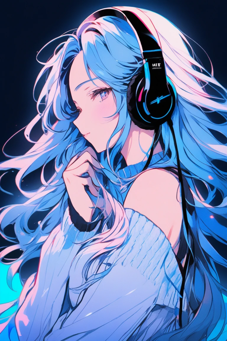 ((masterpiece,Highest quality)), 8k, anime , Realistic ,sketch, anime風のポートレート, (((黒子猫を連れたanimeの: 1.4))), Blue gradient background, Off-the-shoulder knit, Neon colored messy long hair, lip, Wear headphones, Texture Trim, Canadian, Upper Body, (masterpiece,Highest quality)