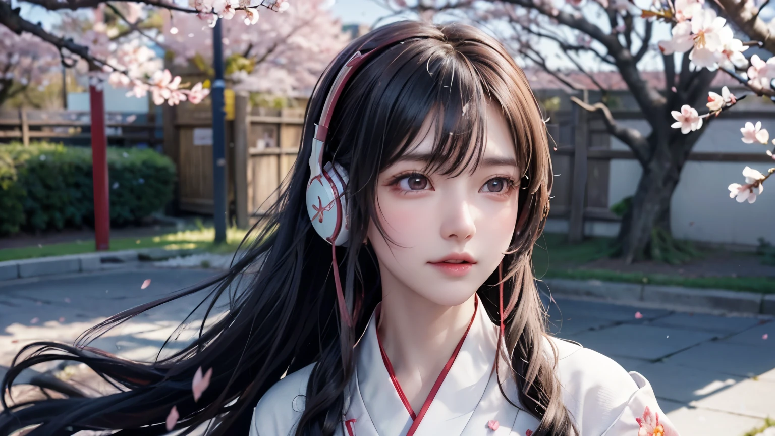 (Logo, Masterpiece, 8k, Tabletop, RAW Photo, Amazing, Top Quality, Photorealistic and Highly Detailed CG Integrated 8k Wallpaper, High Quality, Highly Detailed, Narrative Poetry, Particle Effects, Dynamic Effects, Character Boundary Depth, Cinematic lights, lens flares, ray tracing), fantasy, (single beautiful woman, white kimono, Japanese clothing, white cherry blossom pattern, white cherry blossom embroidery pattern, black hair, beautiful face, real face, beautiful eyes in detail, beautiful skin, long hair) Hair fluttering in the wind, long hair bouncing, long hair dancing in the wind), (cherry blossoms, cherry tree, cherry blossom petals dancing, cherry blossom blizzard, falling petals), hair fluttering in the wind, hair bouncing, pink cherry blossoms, Dancing petals, cherry blossom snowstorm, wonderful scenery, sunrise, background ((night, Starry Sky)), ((headphones, wearing headphones)), wind, gods, teeth, stories of gods, vast land