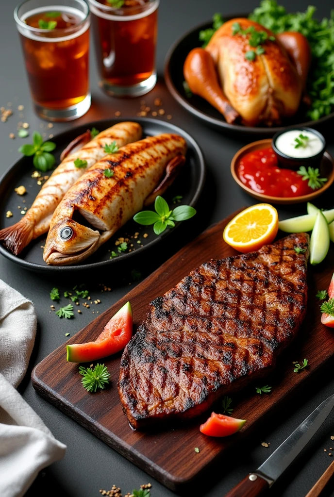 Take a top photo，gourmet food，There is a grilled fish on the table，A roast chicken，and grilled steak，Soda，fruit