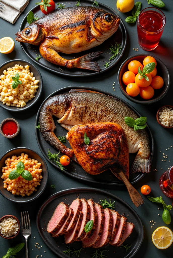 Take a top photo，gourmet food，There is a grilled fish on the table，A roast chicken，and grilled steak，Soda，fruit