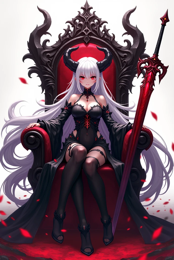 Demon anime girl with long white hair and red eyes with a big sword sitting on a demon throne and the background of the image being white 
