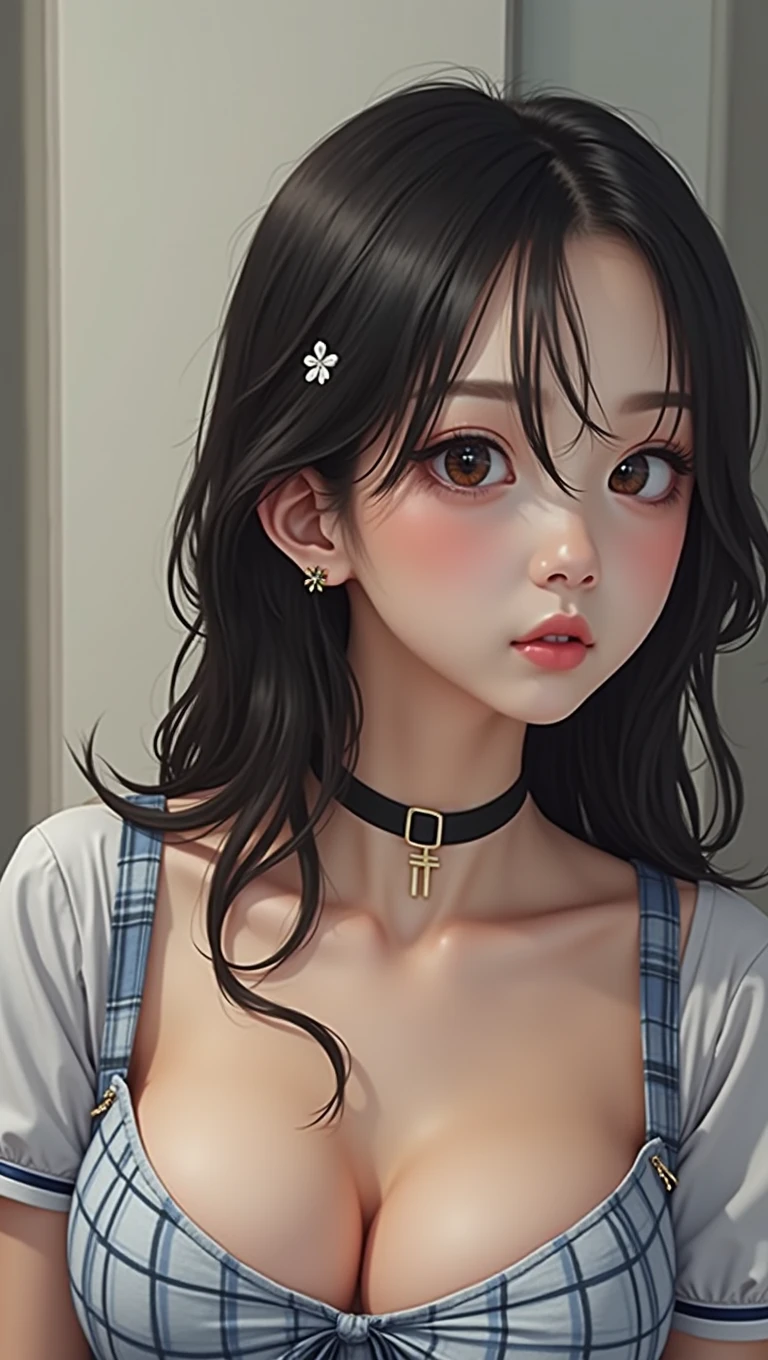 master part, Best Quality, (realist, fotorrealist:1.37), 8k, an extremely delicate and beautiful, Amazing, good detail, official art, absurdities,news presenter, Incredibly absurd, huge file size, ultra detailed, extremely detailed, Beautiful detailed, olhos e rosto extremely detaileds, beautiful detailed eyes, light on the face, NSFW, 1 girl, looking at the viewer, (Perfect female figure), thin waist, (Kpop idol), (Aegyo Will:1), whole body, very big breasts, standing, School uniform, plaid skirt, gola shirt, diaphragm, blossomed, open clothing, , Stripe, feminine expressions, ulzzang-6500-v1.1