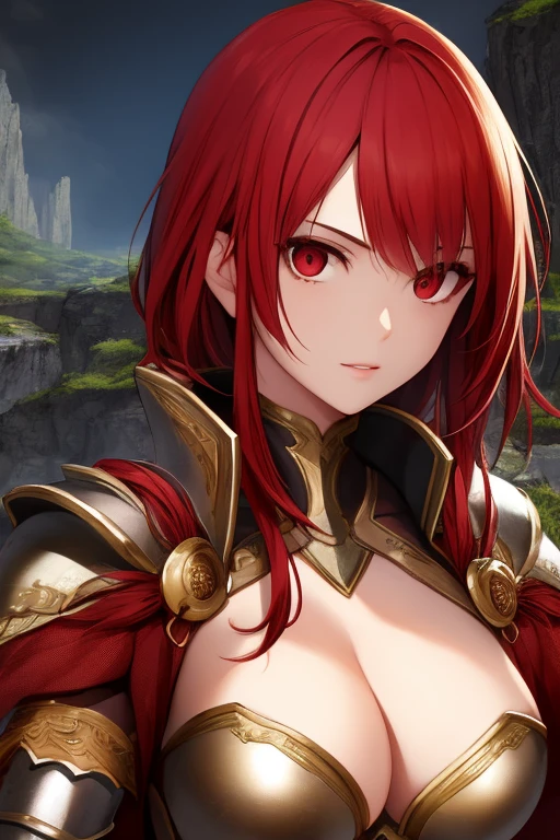 beautiful female warrior, beautiful armor, face detailed, detailedeyes, Ruby Red Eyes, Red hair, beautiful background scenery.