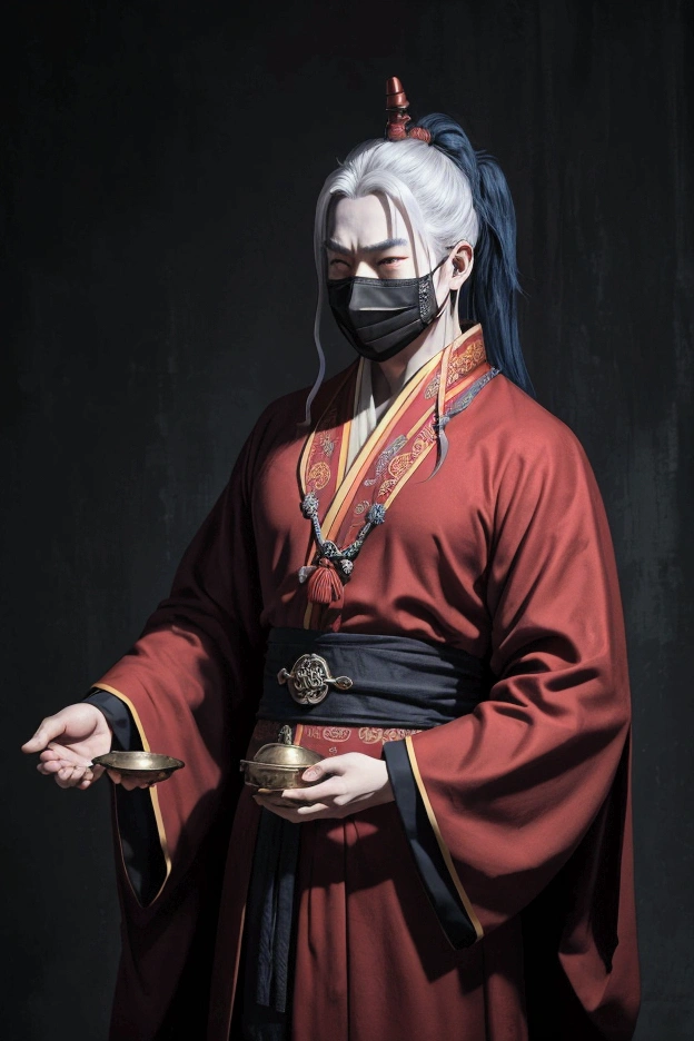 Chaos and disorder,Extremely wide view,A Taoist priest in a red robe,Wearing a mask made of copper coins on his face,Cover the lower half of the face,banner,Glowing Soul Army,Tang Dynasty,Ethereal Symbolism,Silver and blue,Vibrant stage backdrop,Dark death atmosphere,gloomily,inspiration,Creepy old,Faint ghost fire,dishcloth,Hip lighting,Hyper-realistic rendering