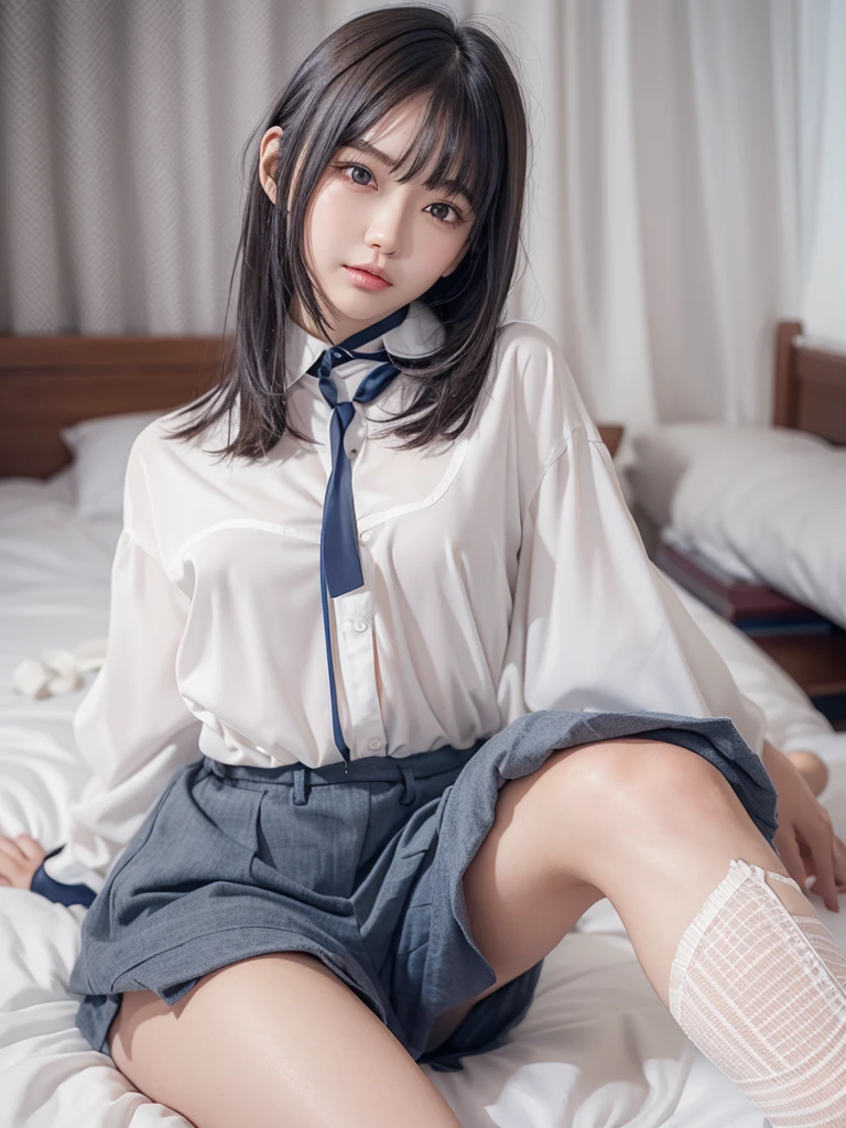 figure laying down with open legs girl is beautiful japanese female and beautiful russian female mixed race only in the face age is 15 features of the whole body black hair medium straight bob cut hair style beautiful small face with short eyelashes boyish eyes only high nose dark blue pupils very thin upper lip milky white skin accurate attractive body shape beautiful bust waist hip s thighs knees legs choker and tie on neck wearing only a large size shirt real face kindly and slightly in bed