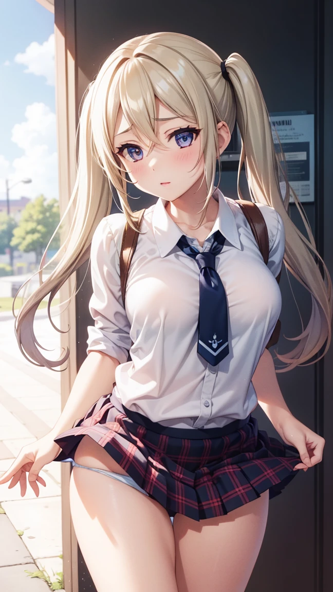 1 girl, natural lighting, work of art, highy detailed, illustration, CG game, absurderes, high qualiy, beautiful detailed eyes, Glossy lips, natural lighting, medium breasts, hair blonde, twintails baixos, twintails curtos, hair between the eyes, catalyst idol, aaah-iori, shorth hair, standing, bothered, School, white  shirt, pleated plaid mini skirt (panty puller, taking off your panties)  