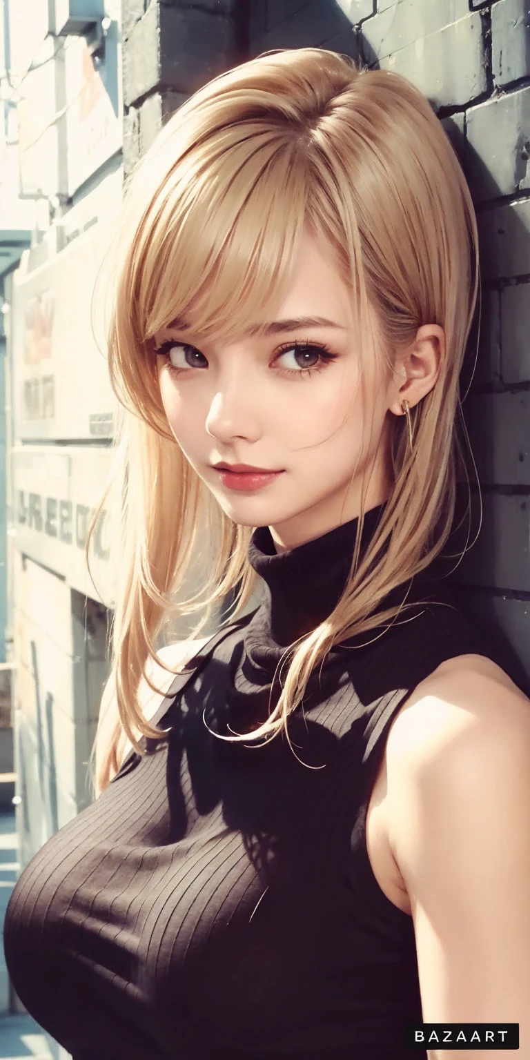 1girl, solo, long_hair, breasts, looking_at_viewer, bangs, blonde_hair, large_breasts, original, bare_shoulders, jewelry, closed_mouth, upper_body, outdoors, sleeveless, necklace, sweater, lips, grey_eyes, turtleneck, swept_bangs, turtleneck_sweater, sleeveless_turtleneck, alley