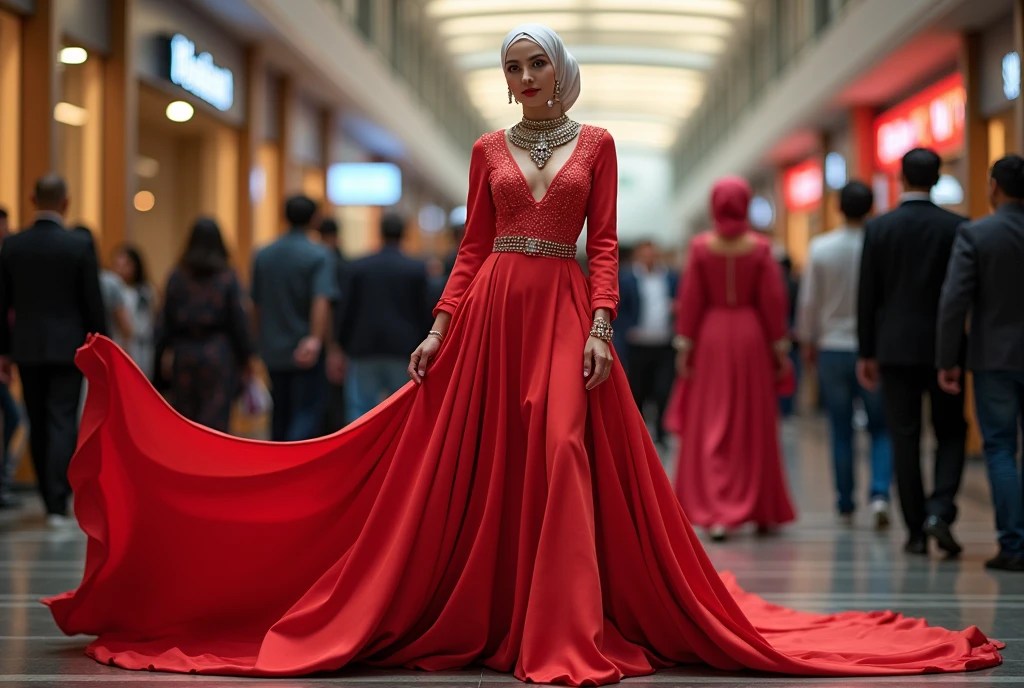 An malay woman in glamorous mermaid evening gown, long ballon sleeve gown, wear jewellery, wear modern satin hijab, entirety of fabric over botom dress about 7 meters in length trailing dramatically, glamours style, overlong dress train, extreme detail on the texture of the fabric, wear high heels, sexy random pose in crowded place, beautifull bright lighting, ultra realistic, high-resolution photography.