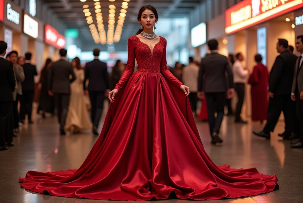 An malay woman in glamorous mermaid evening gown, long ballon sleeve gown, wear jewellery, wear modern satin hijab, entirety of fabric over botom dress about 7 meters in length trailing dramatically, glamours style, overlong dress train, extreme detail on the texture of the fabric, wear high heels, sexy random pose in crowded place, beautifull bright lighting, ultra realistic, high-resolution photography.