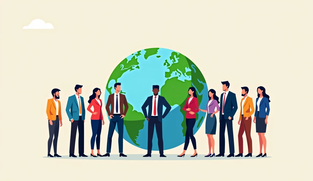 the earth surrounded by men and women dressed in suits, flat design, colourful