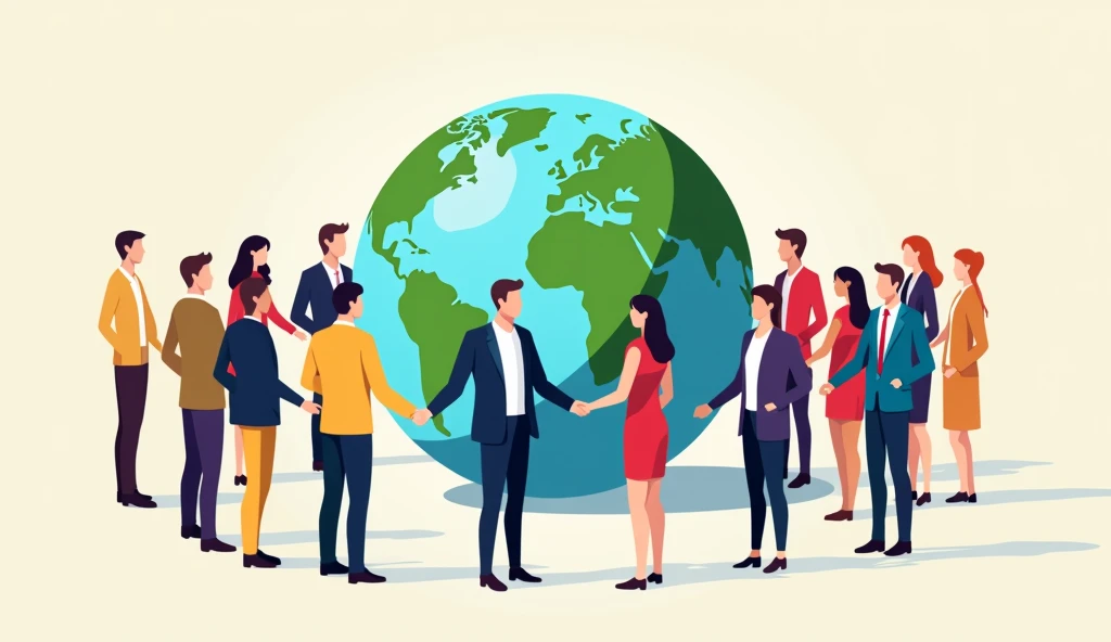 the earth surrounded by men and women dressed in suits, flat design, colourful