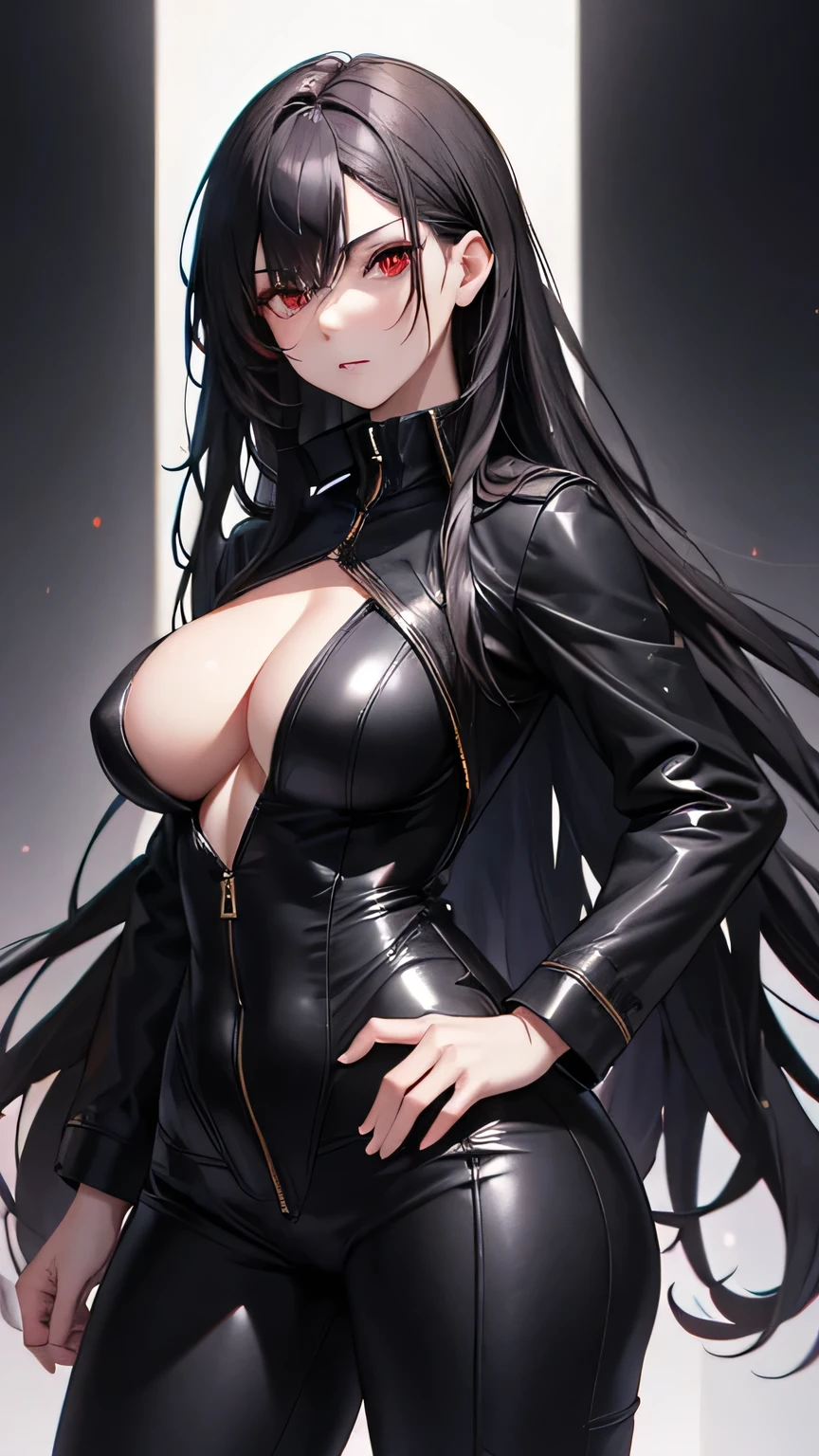 ((Highest quality)), Ultra-high resolution,Adult women, alone, sexy, (Stern face), (Red eyes), Beautiful face in every detail,(High resolution detail of human skin texture), (Black irregular long hair), Black coat,Black suit pants,A mercenary woman,（have a gun in hand）,Realistic:1.4,Realistic:1.4,Dark room,((masterpiece)),Perfect and detailed eyes,Curvy body type