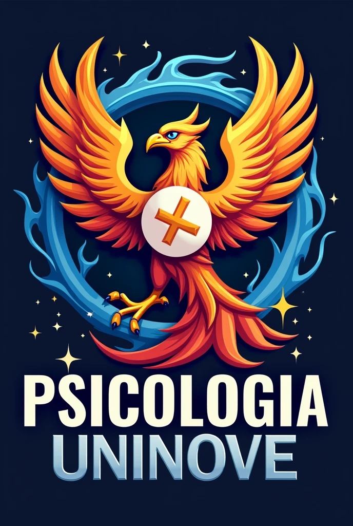Create a mascot image for the Psychology course. The phoenix must have a confident and empowered posture, symbolizing strength and overcoming. He should be holding the Psychology symbol Ψ with an expression of determination.. Use colors that represent Psychology, like purple, yellow, blue and red and cyan blue eye color , no design, swirly vibrant colors. Include the name 'PSICOLOGIA UNINOVE' in bold, with typography that conveys power and professionalism. The mascot's style should be aggressive and inspiring., with features that show power and resilience. Design should reflect the spirit of support, development and reception of the group, incorporating additional symbols related to Psychology, significant elements for the course and practice of Psychology. Make a logo and use it on social media. same color background, animal on fire and put the psychology dimbolo