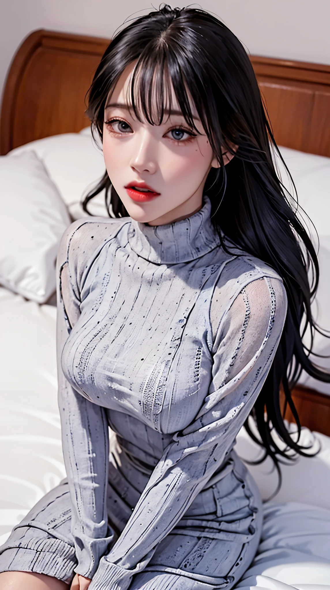 (masterpiece、high quality、High resolution、4K images), Transparent eyes、Detailed eyes、Detailed face、Someone knowledgeable、turtleneck sweater dress、Virgin-killing clothes、Virgin Killer Sweater、On the bed、Blue Archive Ichinose Asuna, highlight、grayscale