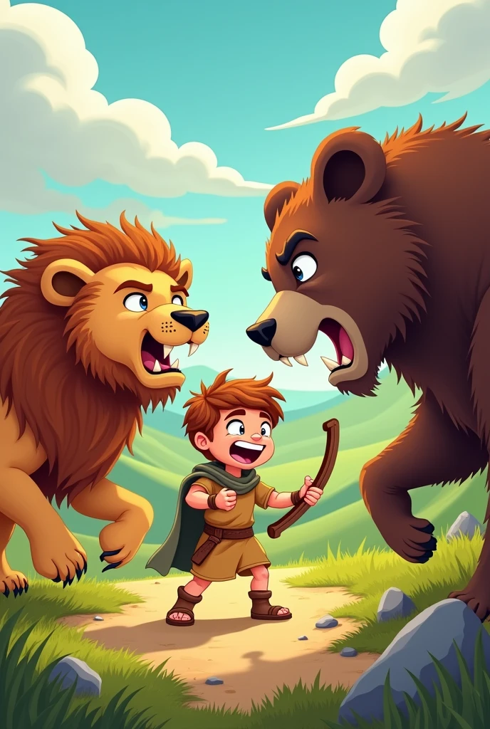 Cartoon image of King David as a child fighting with lions and bears