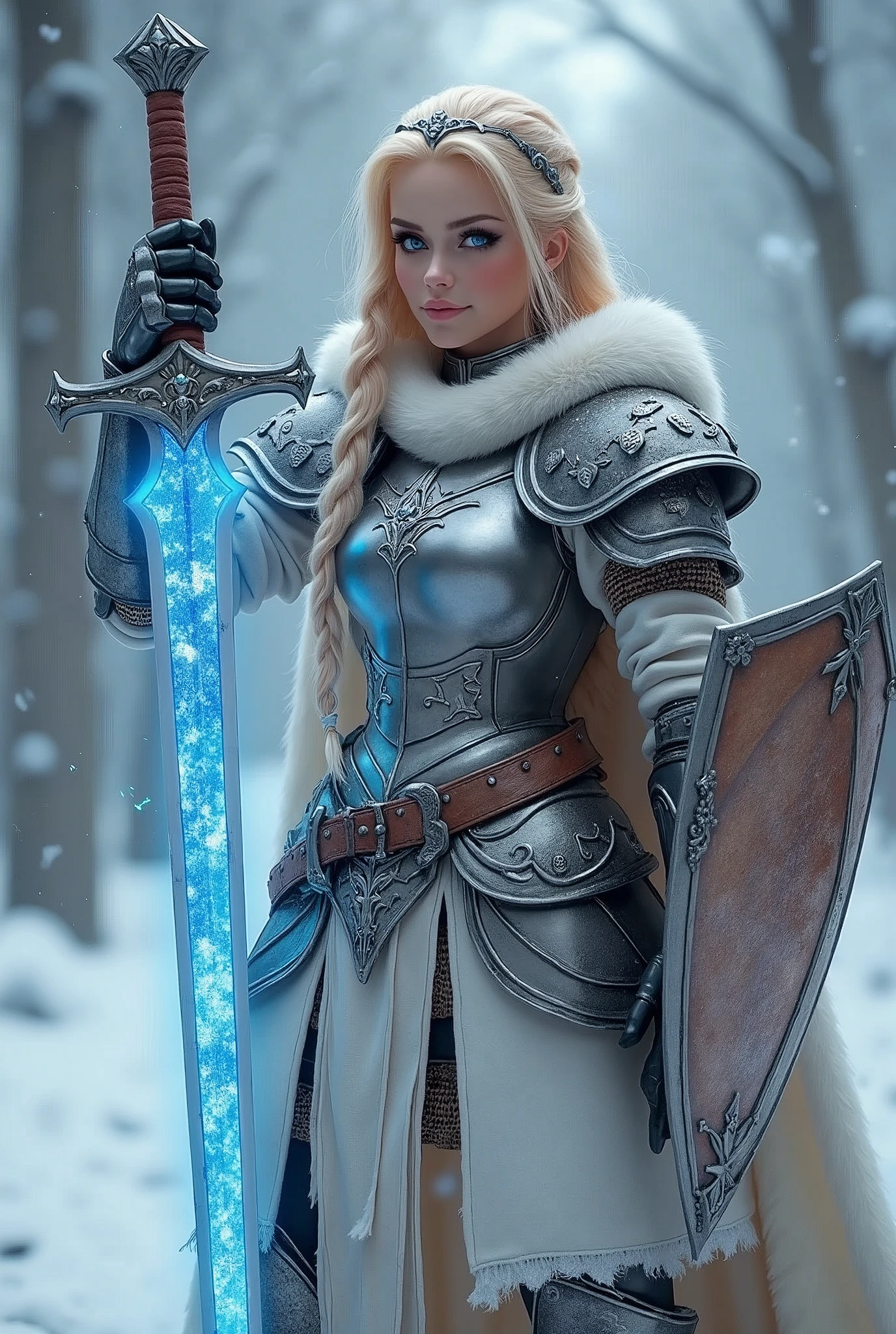((portrait, upper torso, armored female paladin, battle worn gloss pink lacquered perfectchainmail armor:0.4, alabaster cloak, (((((top heavy, Barbie))), [bright blonde hair:dark hair:0.8]))), iceblue eyes, blackout eyeshadow, iron circlet), braids, glowing radiant blue snowflake engraved sword, shield, sparks, windy, outdoor frozen snow snowy forest, dynamic battle pose
