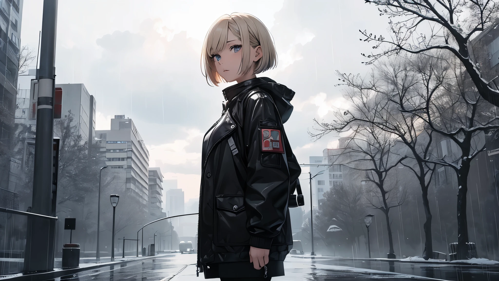 ((20-year-old woman,Short blonde bob hair,She is walking through an huge park in the Uneasy atmosphere world)),There is no one in the park,((Sky in the clouds,In a monochrome world,Atmosphere in the rain)),There&#39;s a faceless monster in the park,Uneasy atmosphere.