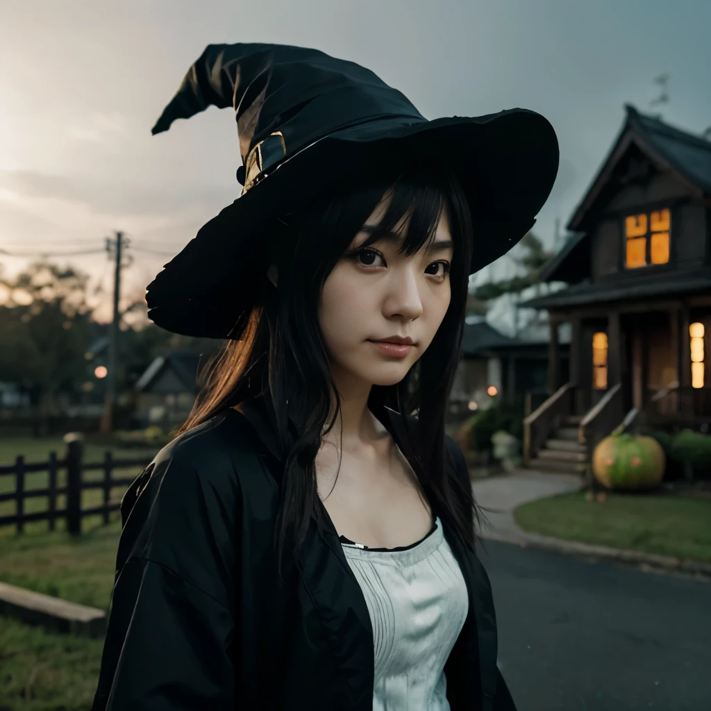 1 japanese girl, halloween outfit, wearing a witch hat, haunted house, spooky atmosphere, simple, beautiful, modern watercolor style, smirk, raised left eyebrow, bokeh background cinematic lighting, RealCartoon3D