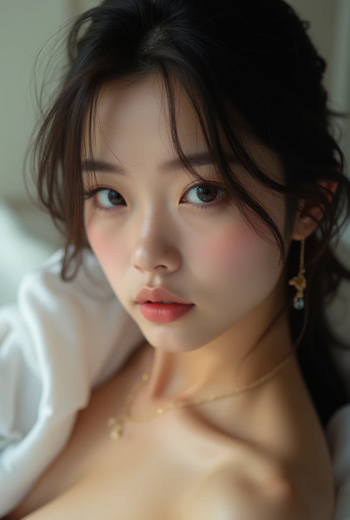 realistic photo, 25-year-old Japanese woman, nude, looking at the camera, from above, detailed face and body, natural lighting, high resolution, photorealistic, 32mm, (best quality,8k, high res,masterpiece:1.2),ultra-detailed,(realistic, photorealistic,photo-realistic:1.37), realistic skin texture, detailed eyes, and lips, beautifully detailed face, long eyelashes, smooth skin, natural body shape