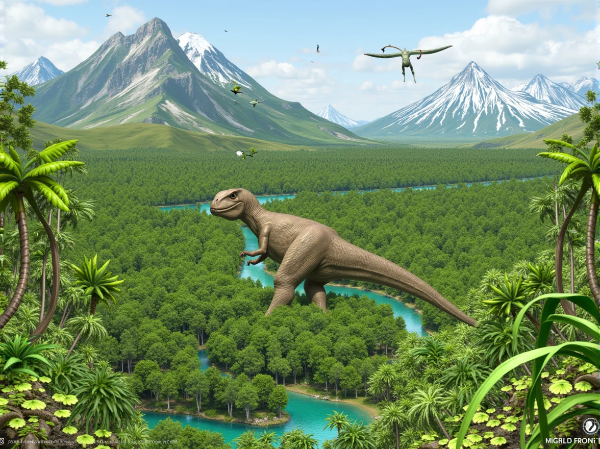 River and a prehistoric dinosaur forest-jungle with snowy mountains in the background 