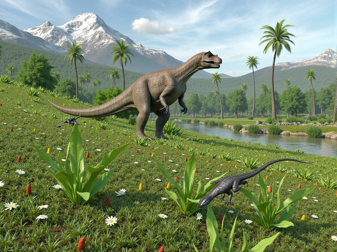 River and a prehistoric dinosaur forest-jungle with snowy mountains in the background 