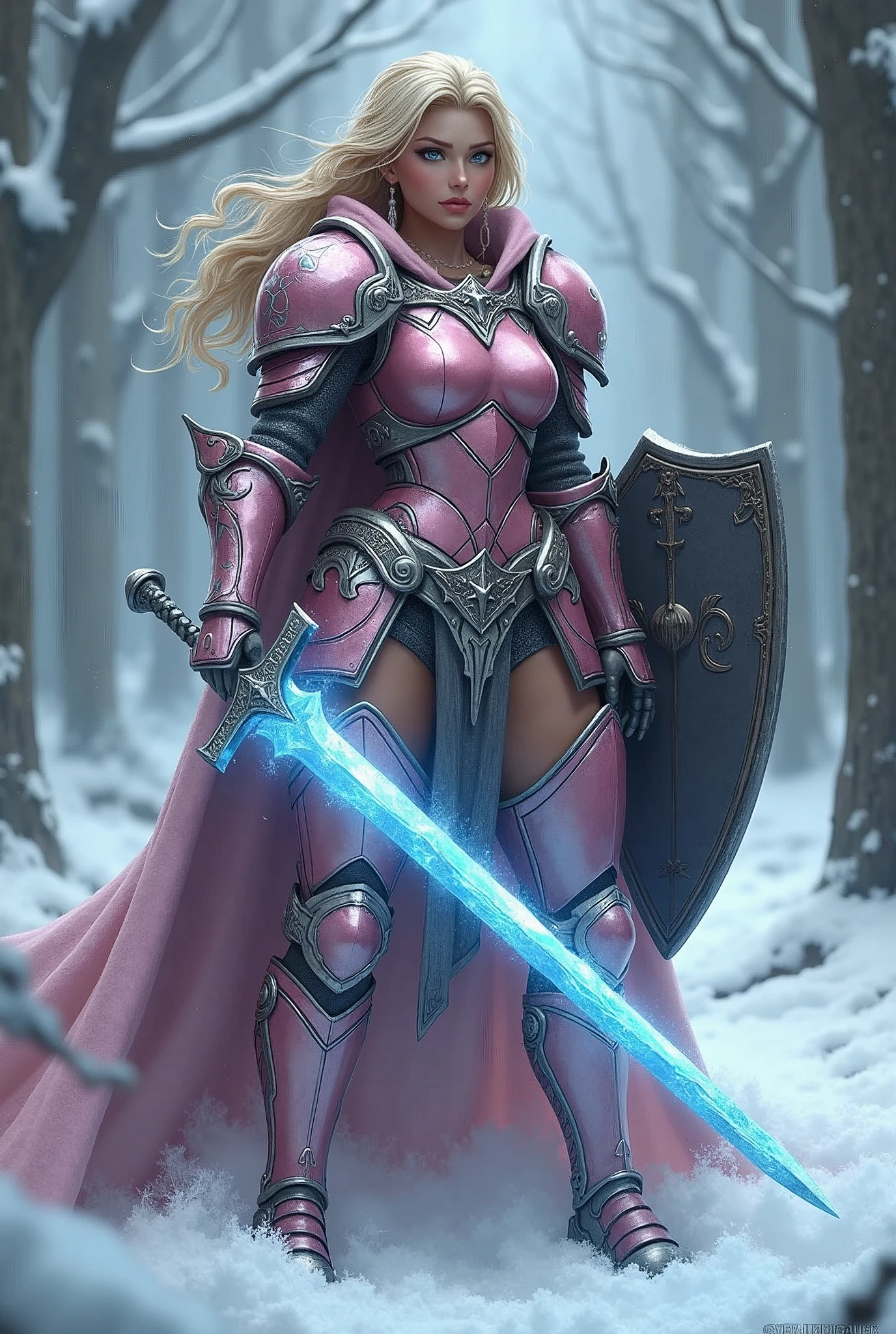 ((portrait, upper torso, armored female paladin, battle worn gloss pink lacquered perfectchainmail armor:0.4, alabaster cloak, (((((top heavy, Barbie))), [bright blonde hair:dark hair:0.8]))), iceblue eyes, blackout eyeshadow, iron circlet), braids, glowing radiant blue snowflake engraved sword, shield, sparks, windy, outdoor frozen snow snowy forest, dynamic battle pose
