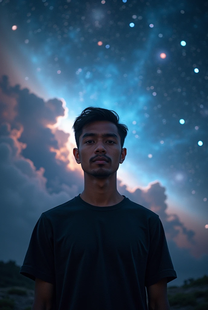 Wide view photo, The malaysian man 30 year old, standing look a camera, background (The beginning of creation Beautiful), A wonderful and vast universe with many galaxies. Real, professional photography
