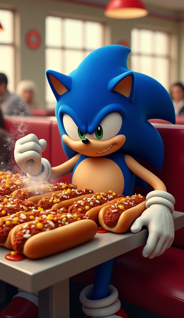 Fat Sonic eating chilidogs in a table full of chilidogs