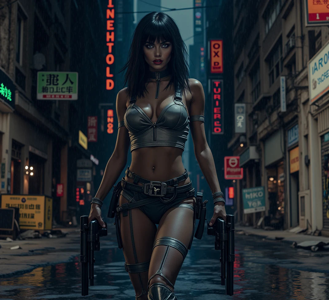 full body pose of a woman holding a gun in each hand, walking down the streets of a cyberpunk city, higl heel boots, water puddles on the street, beautiful detailed eyes, beautiful detailed lips, extremely detailed eyes and face, long eyelashes, intense expression, dynamic pose, military outfit, post-apocalyptic environment, abandoned city, dramatic lighting, cinematic composition, highly detailed, photorealistic, 8k, best quality, masterpiece