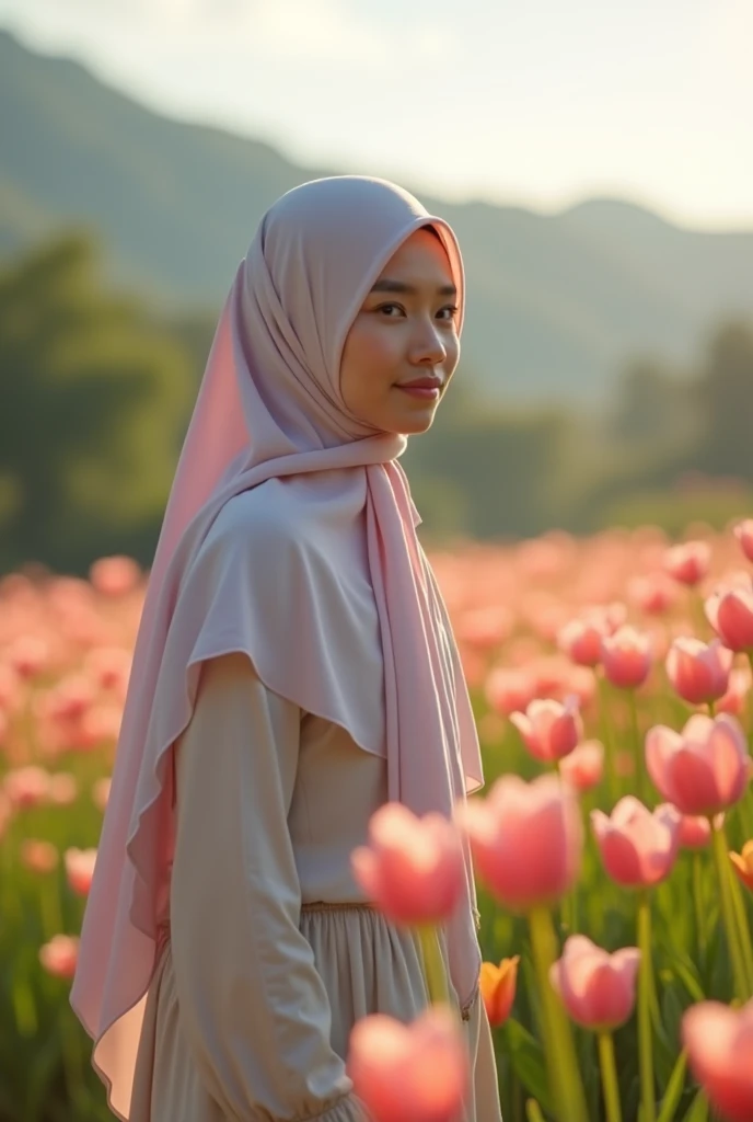 close-up of a beautiful Indonesian woman, ) with white skin wearing a long hijab, walking in a flower garden blooming in the morning) , mountain background, UHD