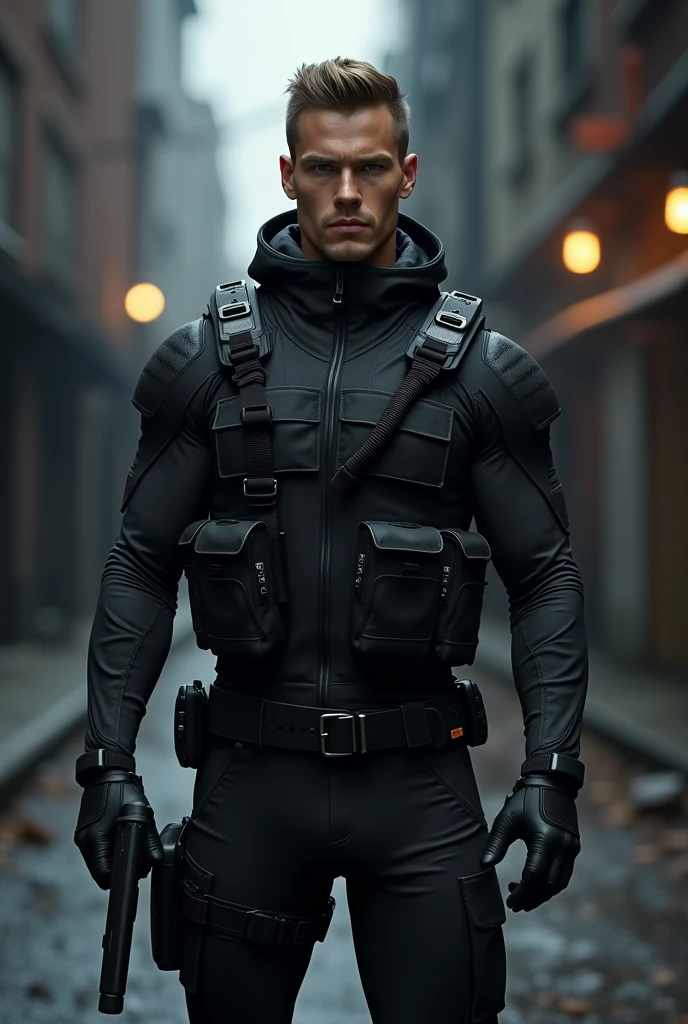Handsome and muscular 22 year old guy dressed in black combat suit