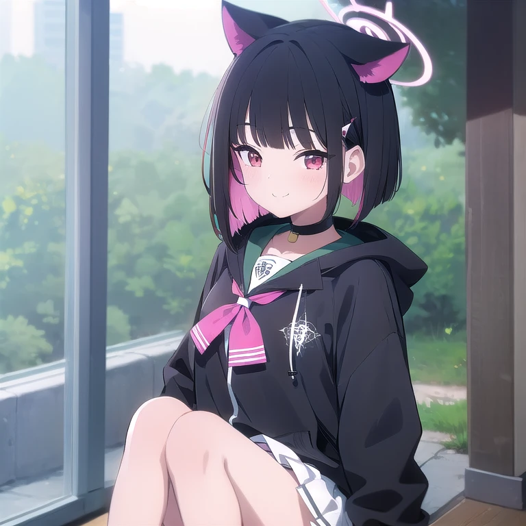 (((1girl, soro,smile))),kazusa, red eyes, black hair, two-tone hair, colored inner hair, short hair, blunt bangs, hair clip, cat ears, choker, halo, black hoodie, long sleeves, green sailor collar, pink neckerchief, white skirt, pleated skirt, miniskirt, brown pantyhose, sneakers,short hair, animal ears, colored inner hair, halo